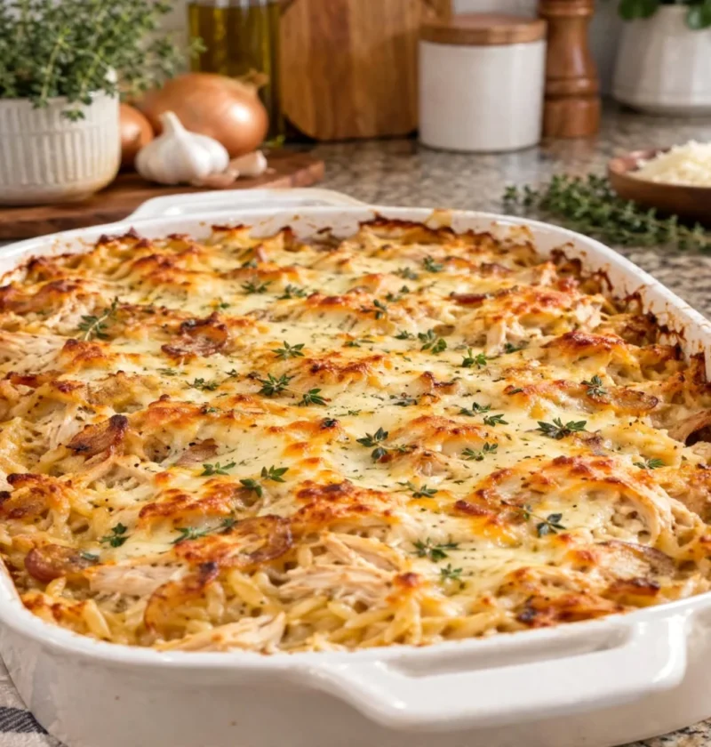 French Onion Chicken Orzo Casserole