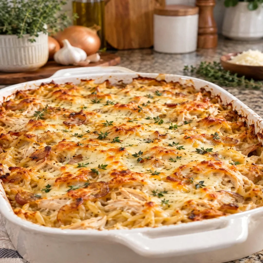French Onion Chicken Orzo Casserole