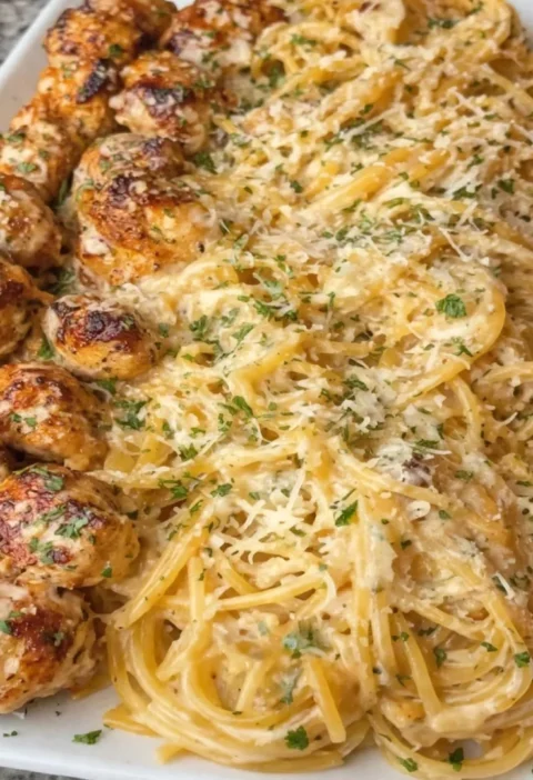 Garlic Butter Chicken with Creamy Parmesan Mozzarella Spaghetti
