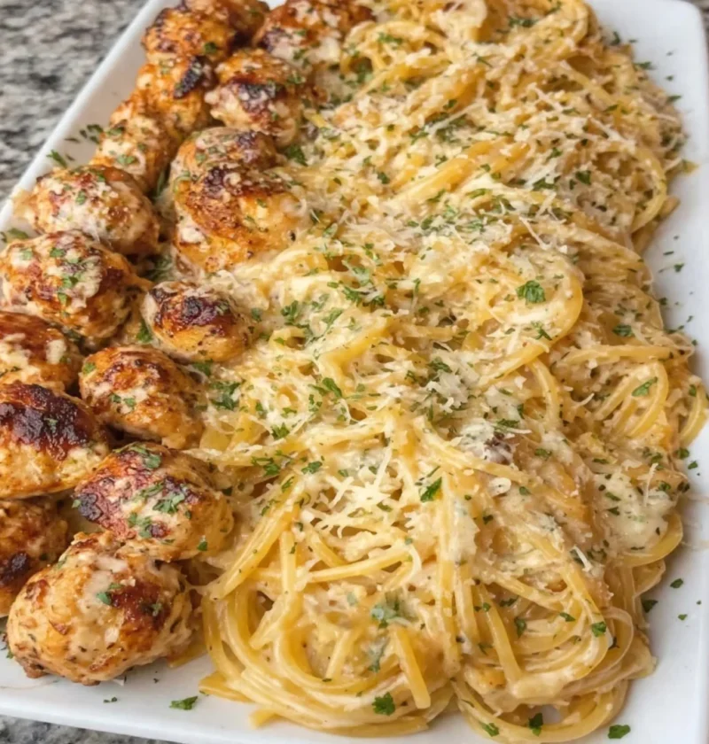 Garlic Butter Chicken with Creamy Parmesan Mozzarella Spaghetti