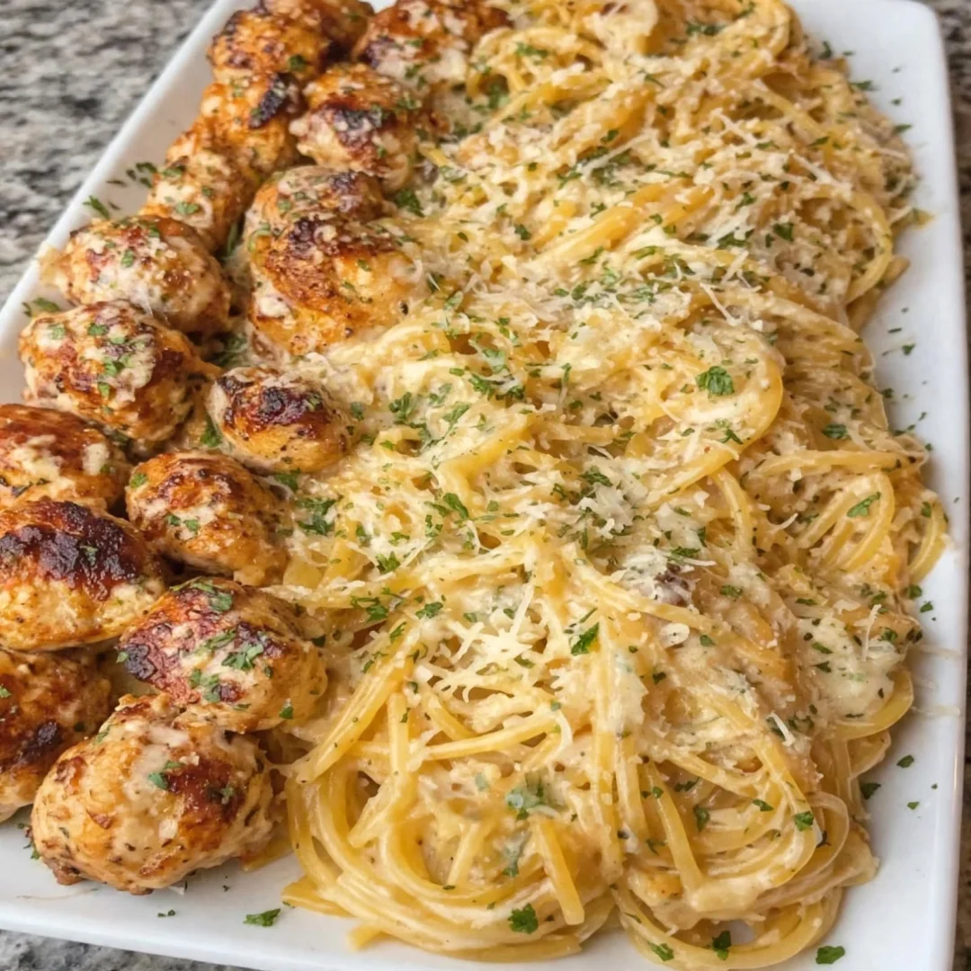 Garlic Butter Chicken with Creamy Parmesan Mozzarella Spaghetti