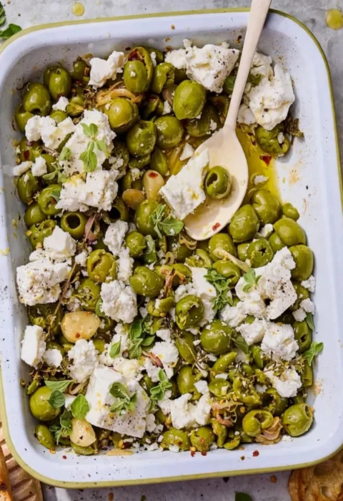 Spicy Roasted Castelvetrano Olives with Feta